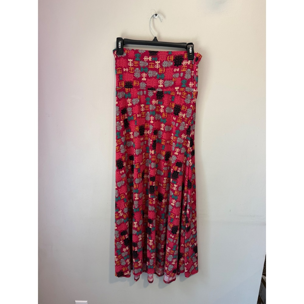 LuLaRoe Lola Maxi Skirt XS Pink Tiki Leaf Print Fold Over Waist A-Line Stretch